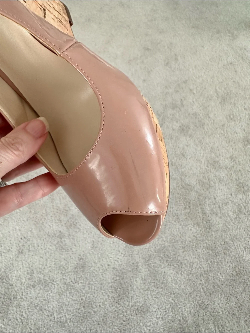 Nine West Patent Peep-Toe Cork Wedges in Dusty Rose